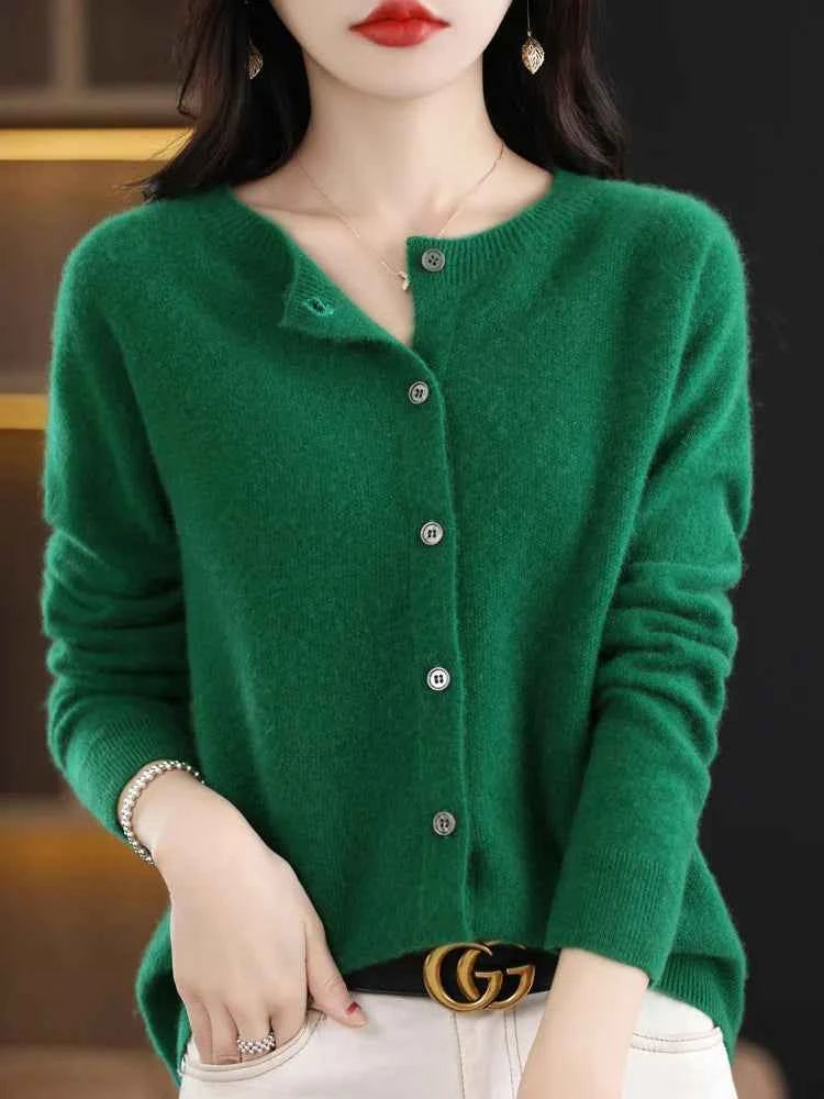 Women Cashmere Sweater 100% Merino Wool Knitted Cardigan Autumn Winter Knitwear O-Neck Female Solid Color Casual Fashion Top
