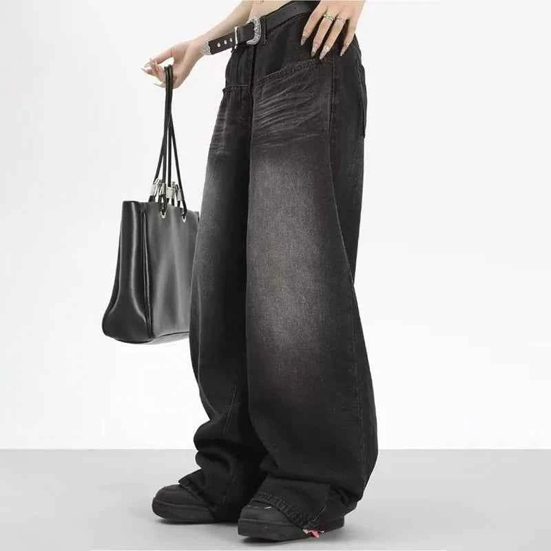 Oversized Retro Black Jeans Wide Leg Pants For Women Chic Y2K Low Waist Baggy Jeans Trouser Mens Barrel Jeans Streetwear