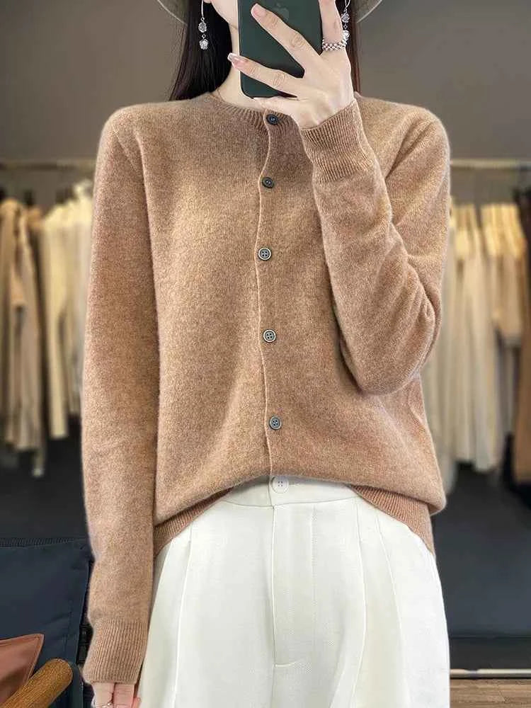 100% Merino Wool Sweater Women O-Neck Cardigan Basic Style Buttoned Knitwear Female Casual Autumn Winter Soft Tops