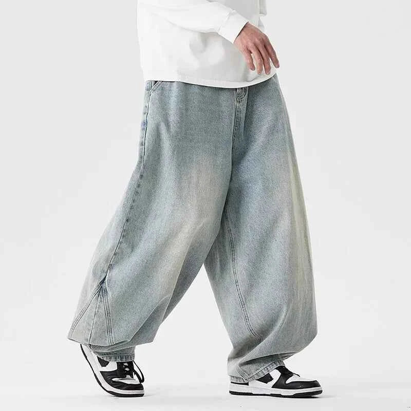 Fashion Denim Wide Leg Pants Men Loose Hip Hop Casual Jeans Streetwear Fashion Elastic Waist Casual Denim Trousers Plus Size 5XL