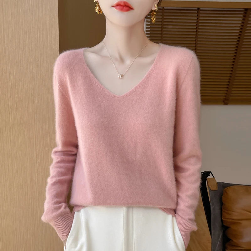 Women 100% Merino Wool Sweater V-Neck Basic Pullover Autumn Winter Cashmere Clothing Long Sleeve Soft Knitwear Tops Solid Color GONZALES ONLINE SHOP