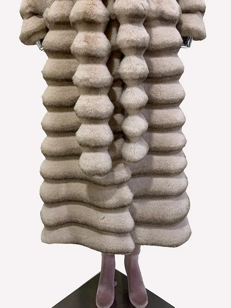 Nerazzurri Winter Long Striped Thick Warm Fluffy Faux Chinchilla Fur Coat Women Shawl Collar Elegant Chic Luxury Furry Overcoat - GONZALES ONLINE SHOP