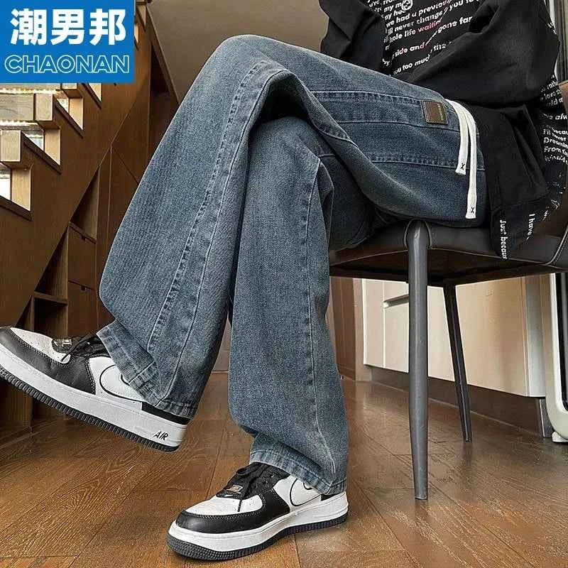 Men's Drawstring Waist Loose Straight Leg Jeans Summer Casual Wide Leg Denim Pants