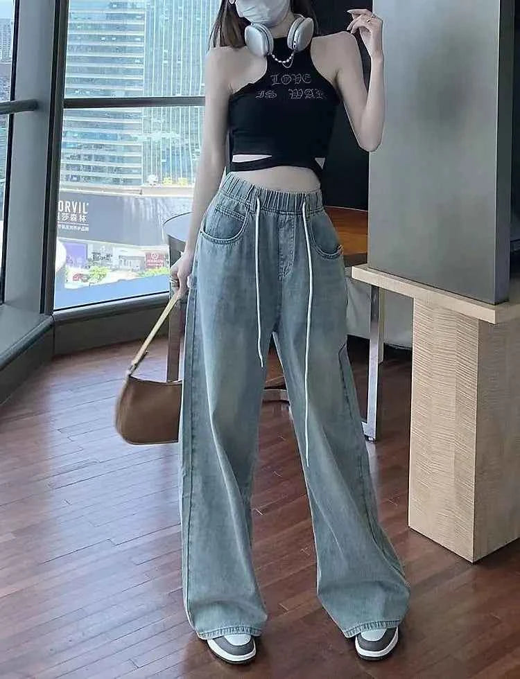 Waist Drawstring Jeans for Women in Spring Summer Korean Version Ins High Waist Slimming Student Straight Wide-leg Floor Pants