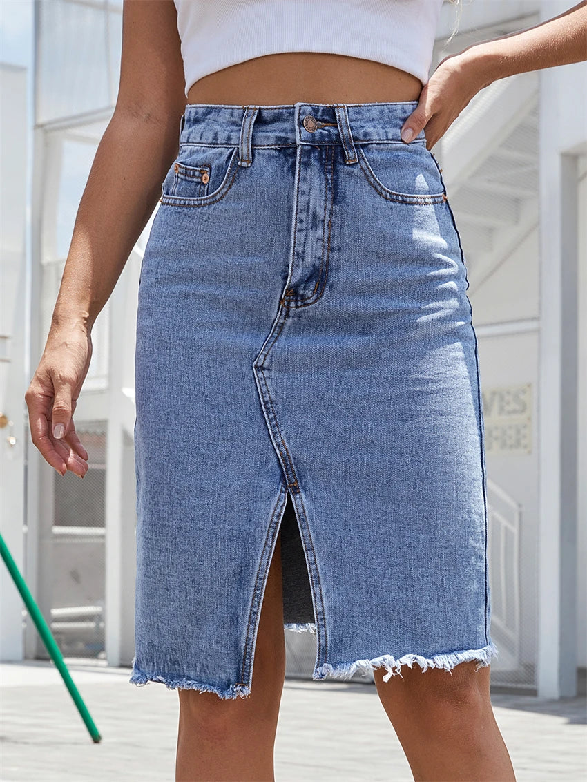 Women's Front Slit Blue Denim Skirt Pockets High Waist Slim Zipper Fly Midi Skirts 2023 Spring Female Casual Streetwear GONZALES ONLINE SHOP