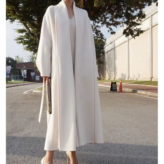Elegant Korea Chic Woolen Coat for Women - Long Sleeve Loose White Overgarment for Autumn Winter 2023 - GONZALES ONLINE SHOP