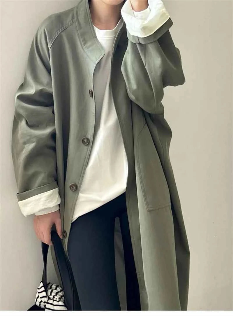 Lazy Loose Stand Up Collar Long Ttrench Coat For Women New Spring Autumn Casual British Style High-end Windbreaker Overcoat