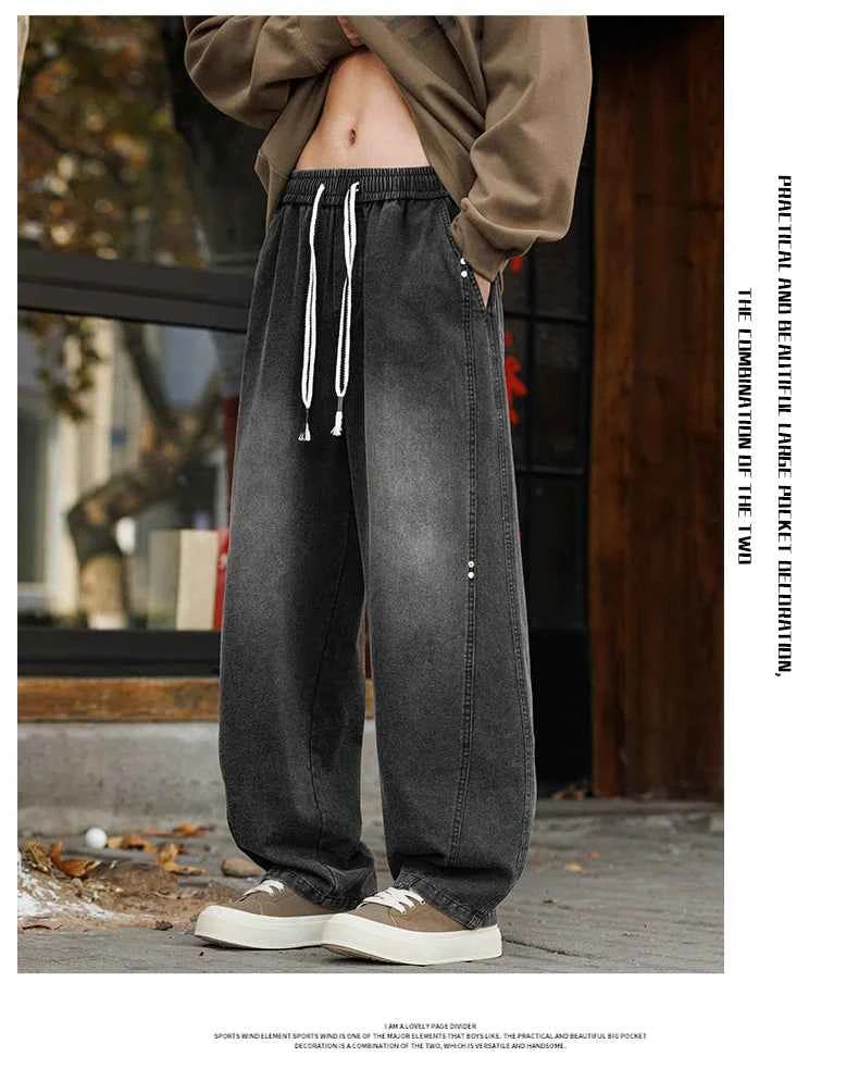 Men's Vintage Washed Wide Leg Jeans Elastic Drawstring Waist Baggy Streetwear Denim Trousers oversized Trousers fit