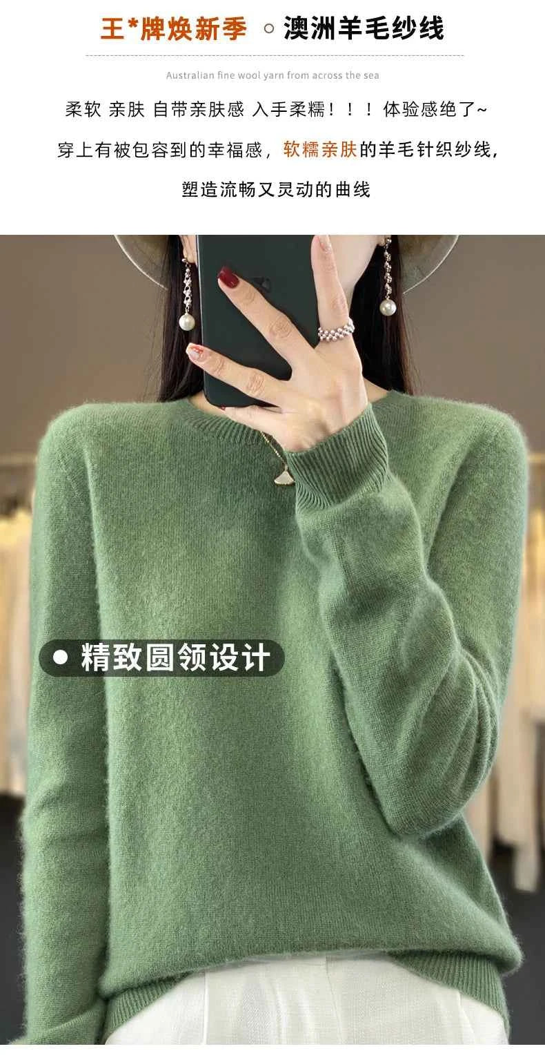 100% Merino Wool Sweater Women O-neck Cashmere Knitwear Female Pullover Autumn Winter Casual Tops Solid Color Soft Clothing