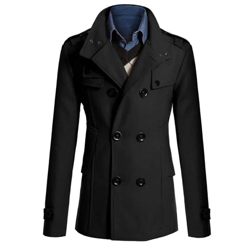 Men s Solid Color Trench Coat Long Sleeve Stand Collar Double Breasted Warm Soft Wool Overcoat - GONZALES ONLINE SHOP