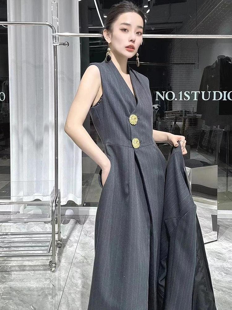 SuperAen 2023 Winter New Korean Dark Stripe V-Neck Split Dress Paired with A Fashionable Two Piece Suit Coat - GONZALES ONLINE SHOP