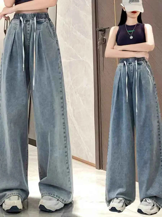 High Waist Straight Leg Dstring Jeans Women's Spring Autumn Slimming Drapey Lazy Sle Floor Length Trousers