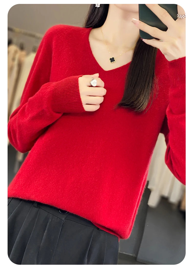 Women 100% Merino Wool Sweater V-Neck Basic Pullover Autumn Winter Cashmere Clothing Long Sleeve Soft Knitwear Tops Solid Color GONZALES ONLINE SHOP