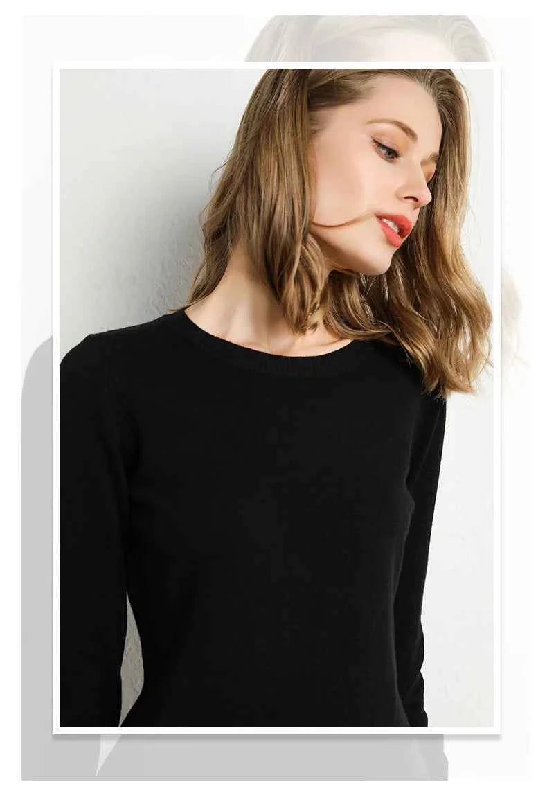 Women Slim O-Neck Solid Pullover Cashmere Wool Blending Sweater Autumn And Winter Long-Sleeved Knit Bottoming Shirt Large Size