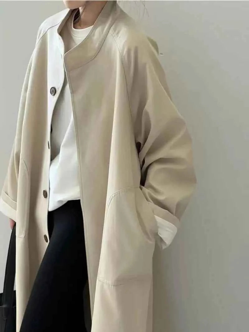 Lazy Loose Stand Up Collar Long Ttrench Coat For Women New Spring Autumn Casual British Style High-end Windbreaker Overcoat