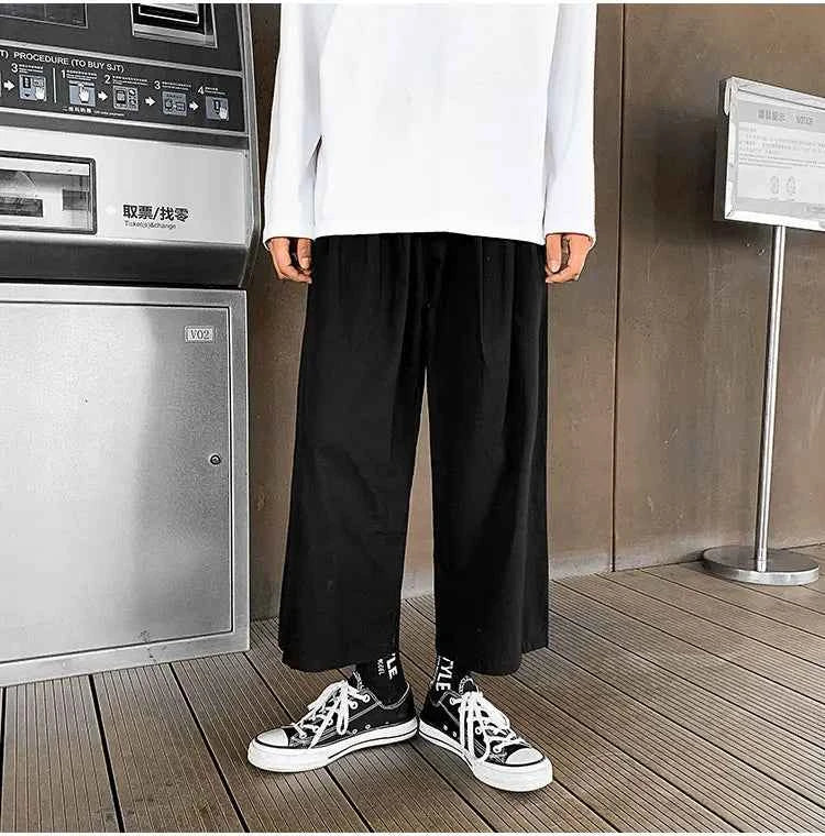 Wide Leg Pants Men Drape Straight Loose Harajuku Vintage Japan Style Ankle-length Trousers Cozy Versatile Black Pantalones Male