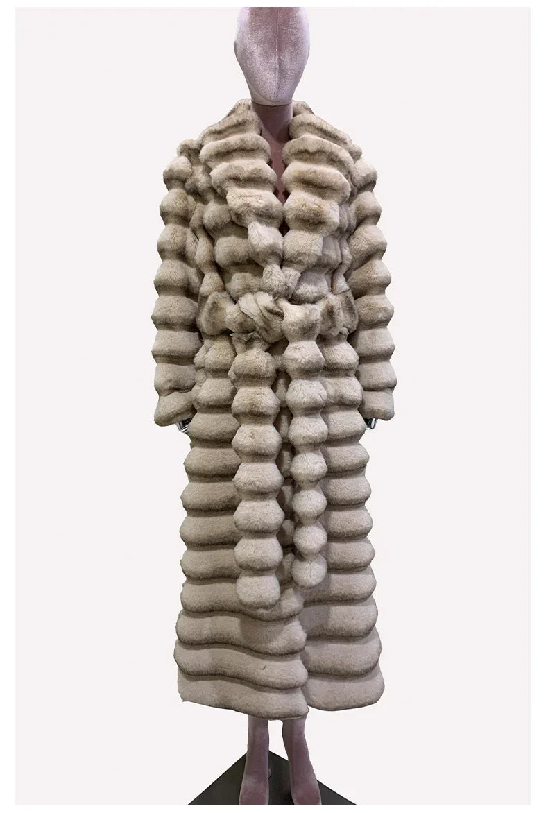 Nerazzurri Winter Long Striped Thick Warm Fluffy Faux Chinchilla Fur Coat Women Shawl Collar Elegant Chic Luxury Furry Overcoat - GONZALES ONLINE SHOP