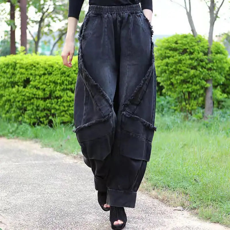 Black Wide-leg Jeans Harlan Pants Loose Fashion Casual Full Length High Waist Patchwork Print Pocket Jeans Women Clothes Spring GONZALES ONLINE SHOP