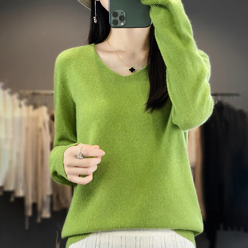 Women 100% Merino Wool Sweater V-Neck Basic Pullover Autumn Winter Cashmere Clothing Long Sleeve Soft Knitwear Tops Solid Color GONZALES ONLINE SHOP