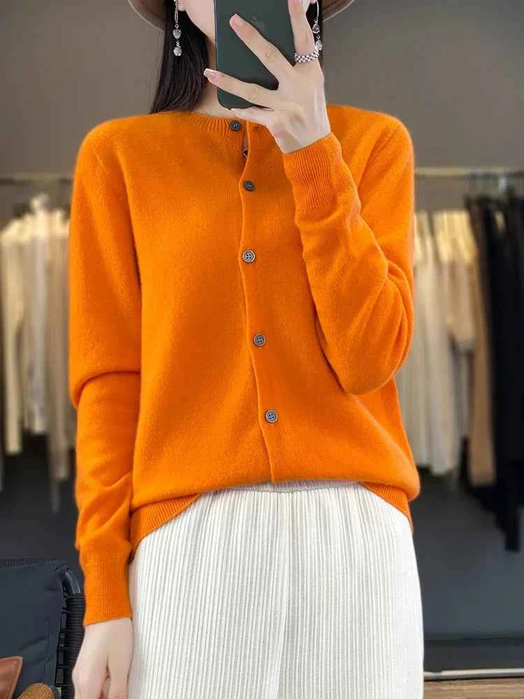 100% Merino Wool Sweater Women O-Neck Cardigan Basic Style Buttoned Knitwear Female Casual Autumn Winter Soft Tops