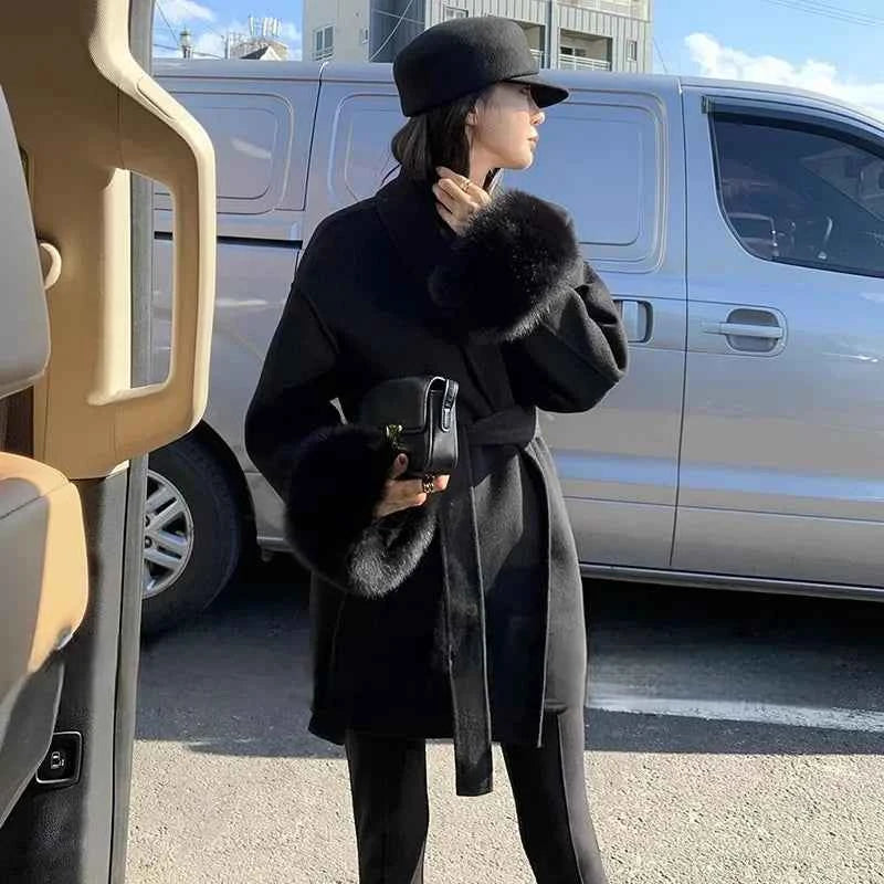 Tossy Fox Fur Wool Overcoat Women's Short Coat Office Lady Elegant Double-sided Woolen Coat 2025 New Cardigan Jackets Loose Wool