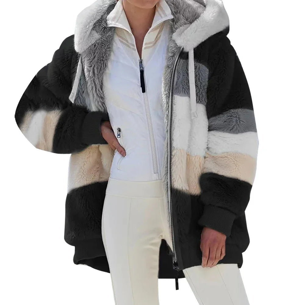 Oversized Jacket for Women Coat 2025 Autumn Winter Warm Plush Pocket Hooded Streetwear Loose Lady Zipper Cashmere Outerwear Coat GONZALES ONLINE SHOP