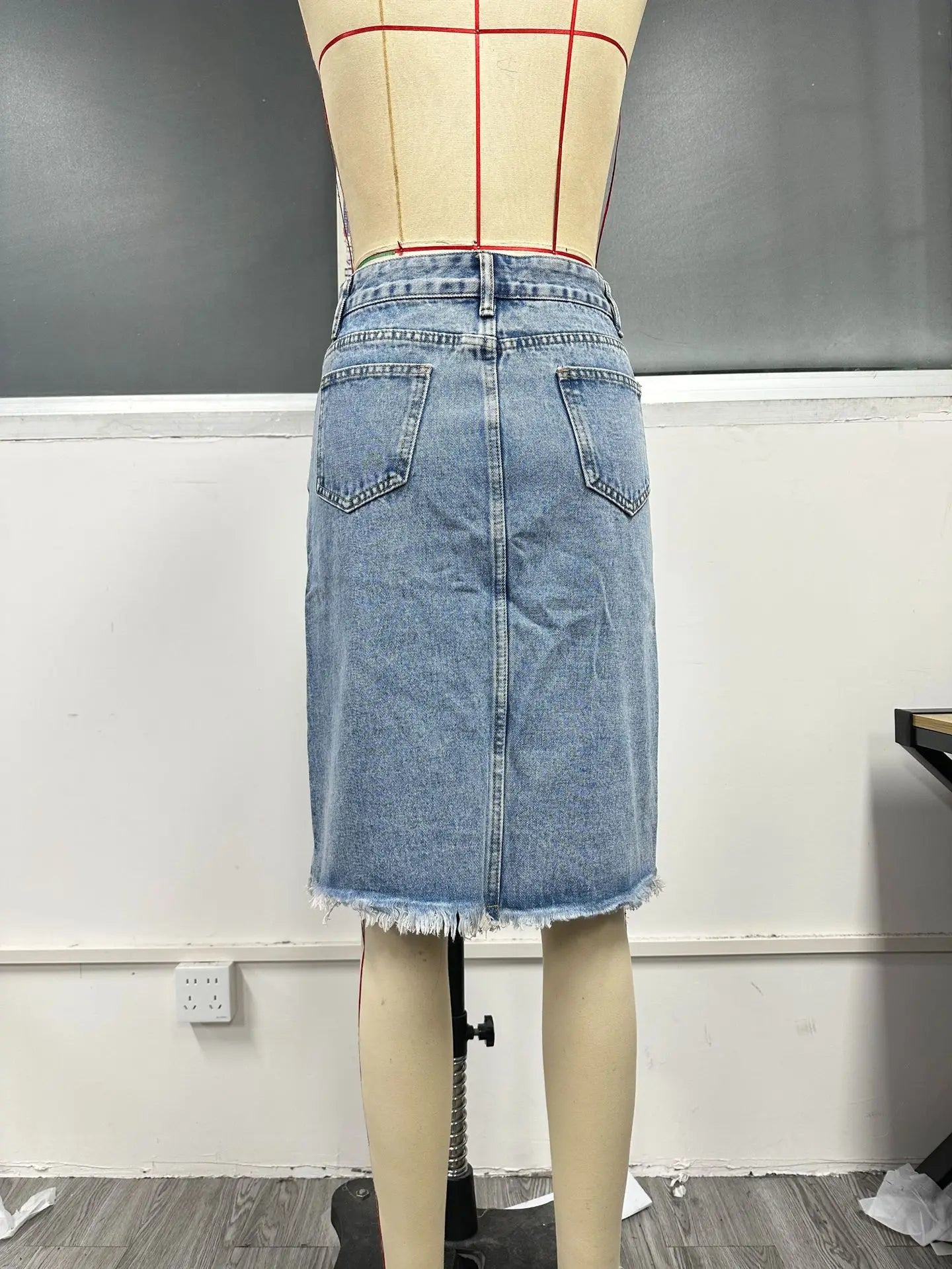 Women Slit Denim Half Skirt Hand Frayed Tassel Raw Edge Skirt Vintage Retro Korean Jean Long Office Lady Slim Fit High Waisted GONZALES ONLINE SHOP
