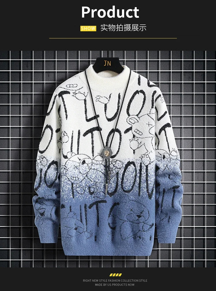 Harajuku Sweater Men's Y2K Knitted Letter Printing Sweater Men's Wool Pullover Men's Retro Knitted Color Block Tops W93 GONZALES ONLINE SHOP