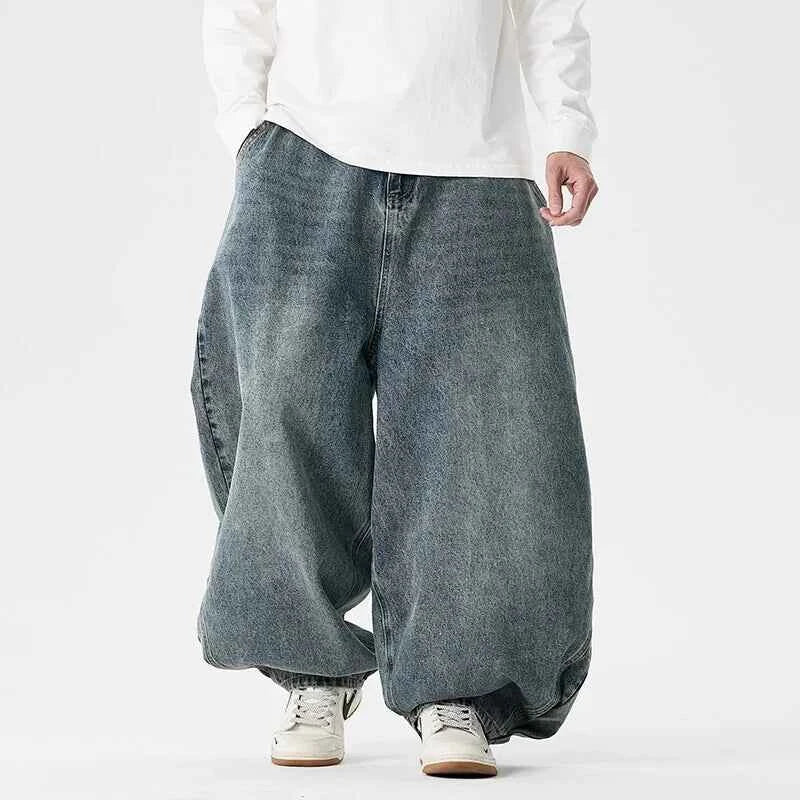 Denim Wide Leg Pants Mens Fashion Casual Pants Loose Hip Hop Lantern Pants Streetwear Jeans Male Elastic Waist Trousers Oversize