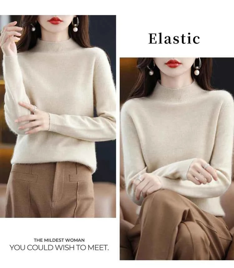 Half High Solid Color Cashmere Sweater For Women Loose Pullover Autumn and Winter Contracted Commuter Basic Knitwear Top Base