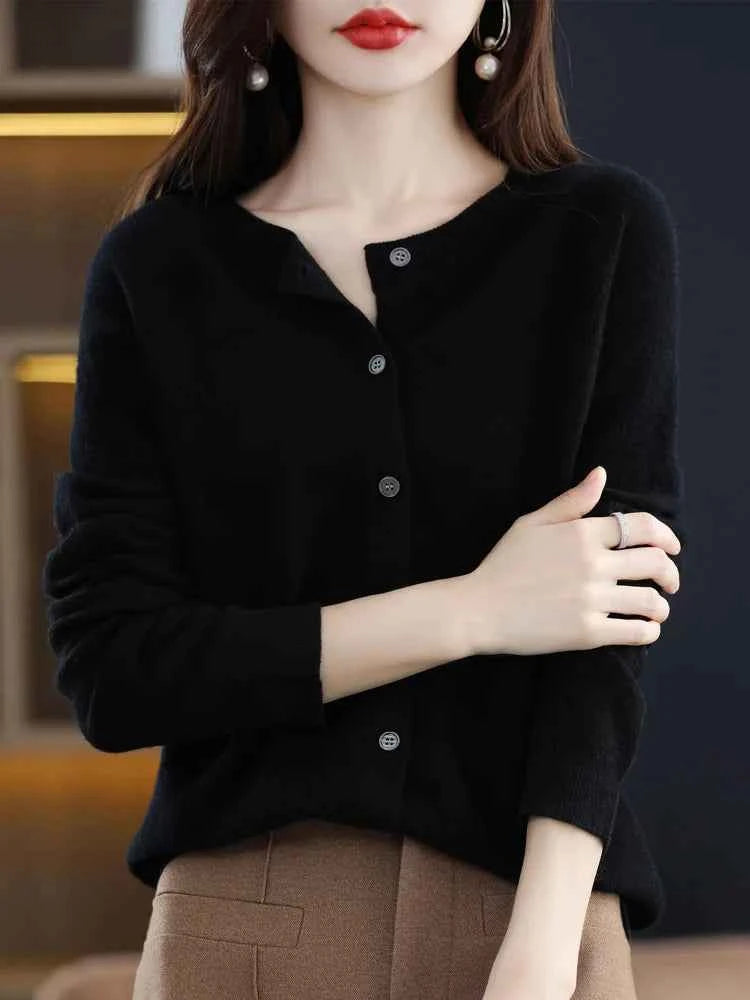 Women Cashmere Sweater 100% Merino Wool Knitted Cardigan Autumn Winter Knitwear O-Neck Female Solid Color Casual Fashion Top