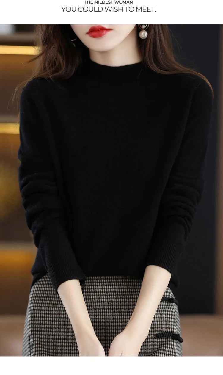 Half High Solid Color Cashmere Sweater For Women Loose Pullover Autumn and Winter Contracted Commuter Basic Knitwear Top Base