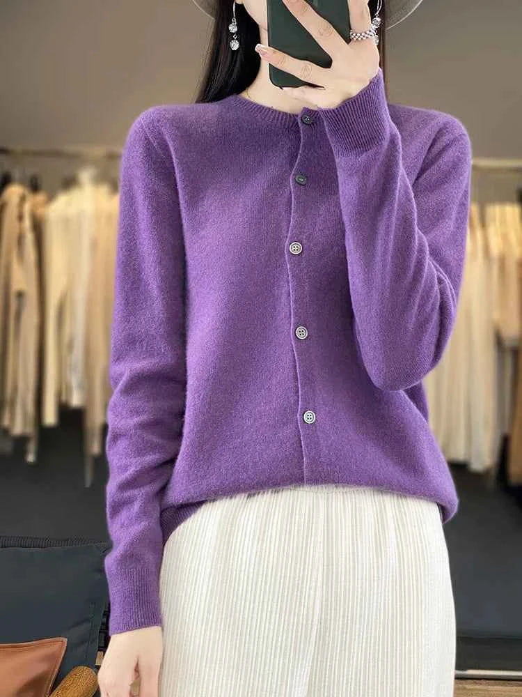 100% Merino Wool Sweater Women O-Neck Cardigan Basic Style Buttoned Knitwear Female Casual Autumn Winter Soft Tops