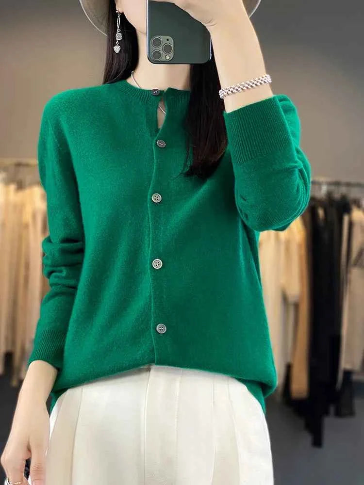 100% Merino Wool Sweater Women O-Neck Cardigan Basic Style Buttoned Knitwear Female Casual Autumn Winter Soft Tops
