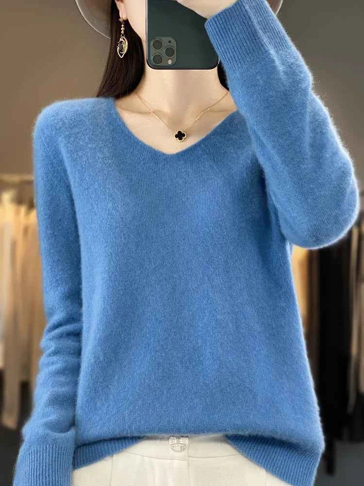Fashion100% Merino Wool Sweater Cashmere Pullover Women Knitwear V-Neck Long Sleeve Autumn Winter Fashion Basic Clothing Tops