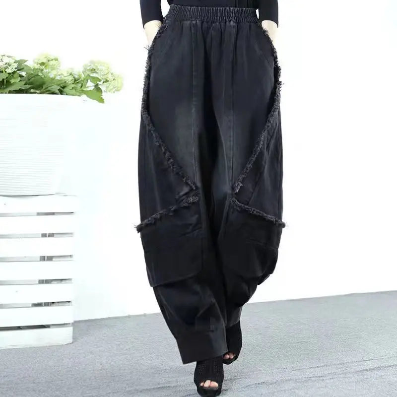 Black Wide-leg Jeans Harlan Pants Loose Fashion Casual Full Length High Waist Patchwork Print Pocket Jeans Women Clothes Spring GONZALES ONLINE SHOP