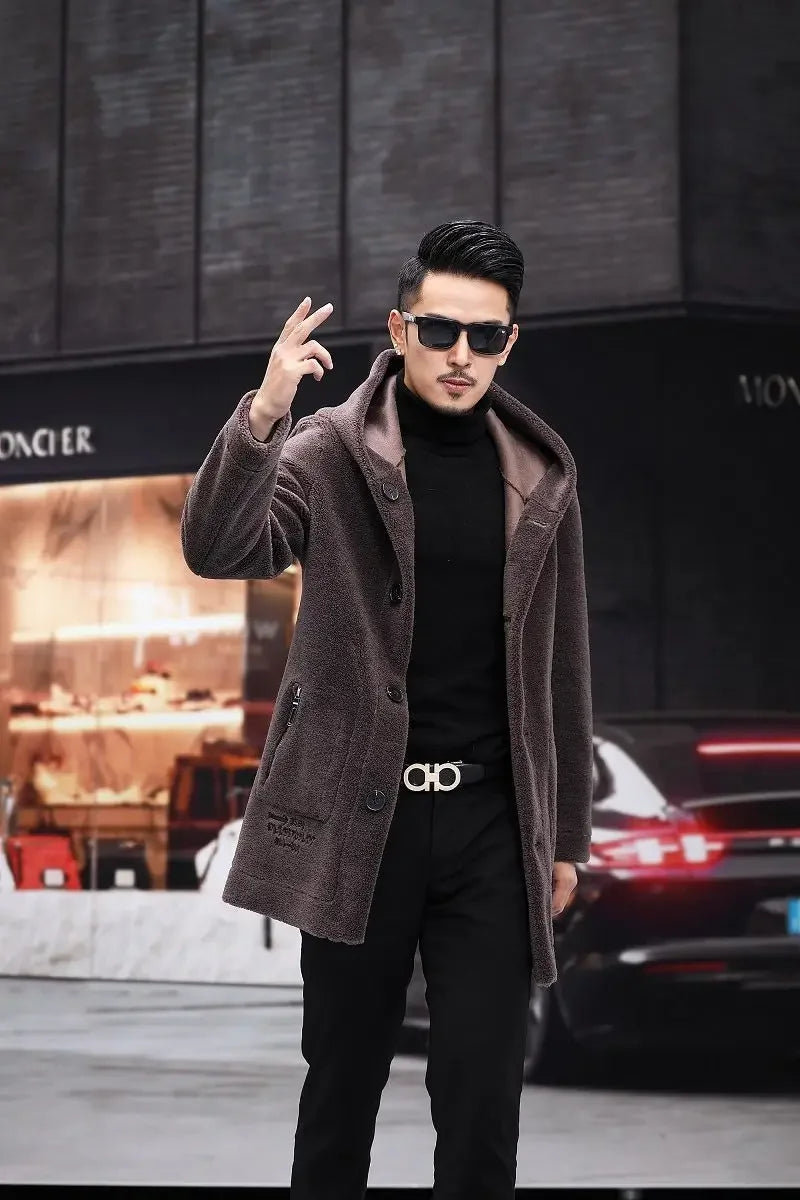 Men Winter Long Casual Thick Fleece Hooded Waterproof Jacket Male Real Fur Wool Coat Outwear Vintage Clothing G436 - GONZALES ONLINE SHOP