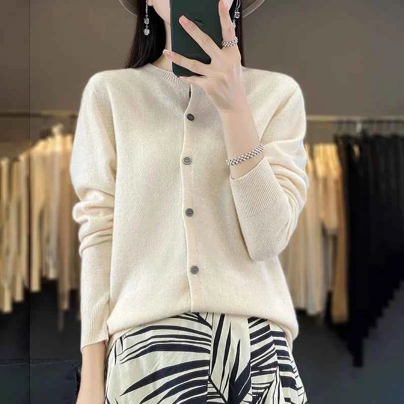 100% Merino Wool Sweater Women O-Neck Cardigan Basic Style Buttoned Knitwear Female Casual Autumn Winter Soft Tops