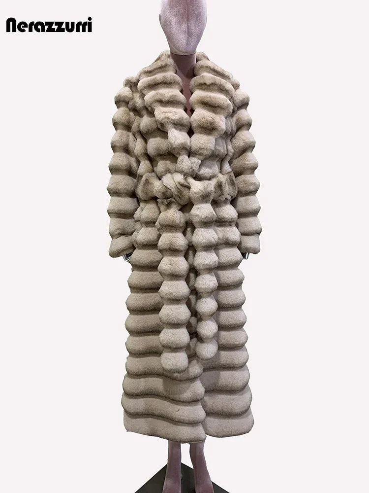 Nerazzurri Winter Long Striped Thick Warm Fluffy Faux Chinchilla Fur Coat Women Shawl Collar Elegant Chic Luxury Furry Overcoat - GONZALES ONLINE SHOP