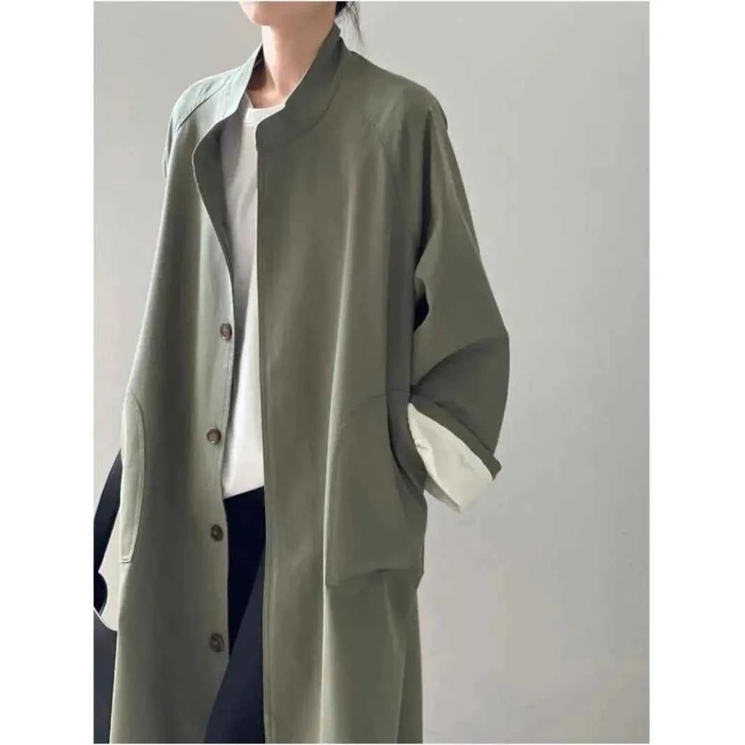 Lazy Loose Stand Up Collar Long Ttrench Coat For Women New Spring Autumn Casual British Style High-end Windbreaker Overcoat