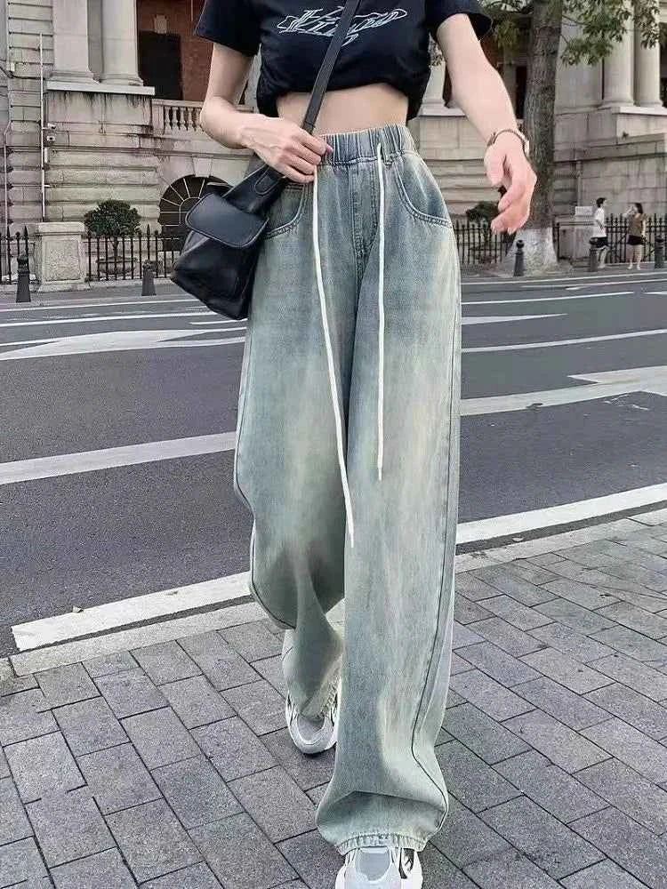 Waist Drawstring Jeans for Women in Spring Summer Korean Version Ins High Waist Slimming Student Straight Wide-leg Floor Pants