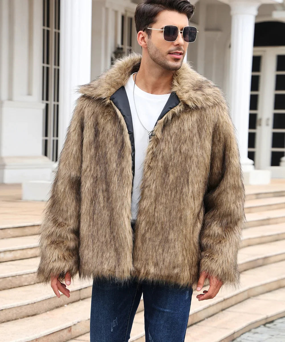 Men Faux Fox Fur Jacket Coat Winter Thick Fluffy Long Sleeve Lapel Warm Shaggy Outerwear Luxury Fur Jacket Bontjas Jackets Mens - GONZALES ONLINE SHOP