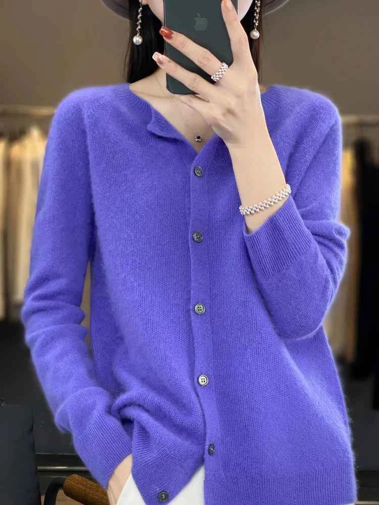 Women Cashmere Sweater 100% Merino Wool Knitted Cardigan Autumn Winter Knitwear O-Neck Female Solid Color Casual Fashion Top