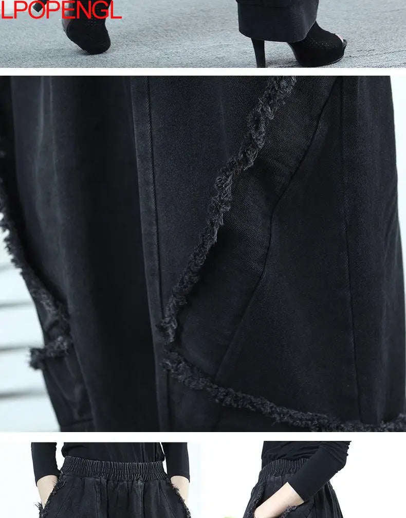 Black Wide-leg Jeans Harlan Pants Loose Fashion Casual Full Length High Waist Patchwork Print Pocket Jeans Women Clothes Spring GONZALES ONLINE SHOP