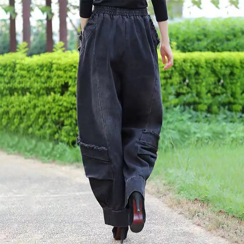 Black Wide-leg Jeans Harlan Pants Loose Fashion Casual Full Length High Waist Patchwork Print Pocket Jeans Women Clothes Spring GONZALES ONLINE SHOP