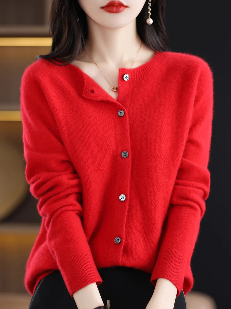 Women Cashmere Sweater 100% Merino Wool Knitted Cardigan Autumn Winter Knitwear O-Neck Female Solid Color Casual Fashion Top GONZALES ONLINE SHOP