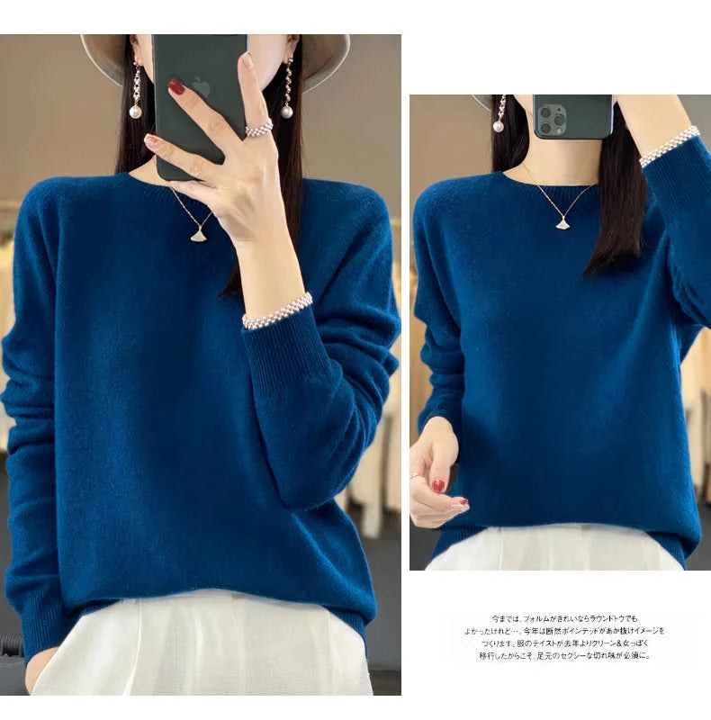 100% Merino Wool Sweater Women O-neck Cashmere Knitwear Female Pullover Autumn Winter Casual Tops Solid Color Soft Clothing