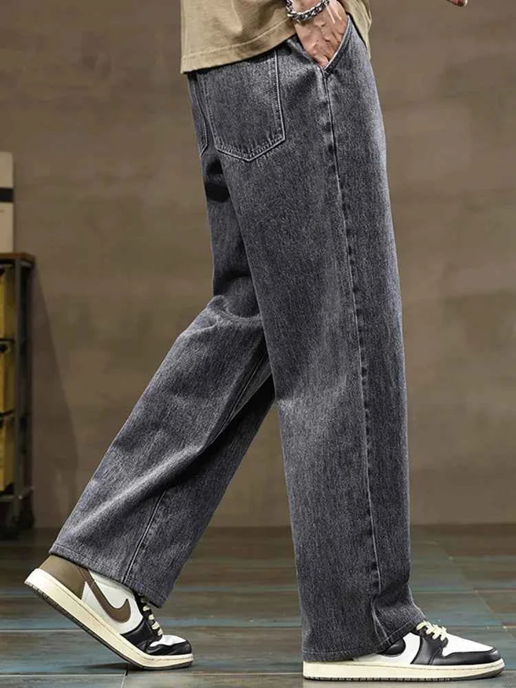 Men Straight Leg Blue Gray Loose Y2K Drawstring Jeans Streetwear Casual Wide Denim Pants Male Baggy Stylish Harajuku Trousers