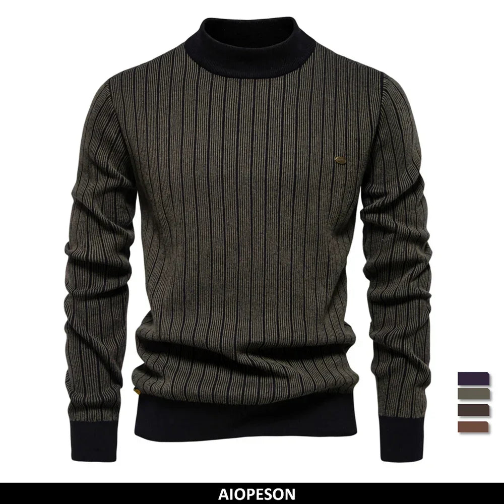 AIOPESON Mens Mock Neck Pullover Sweater - New Design Cotton Stripped Sweater for Autumn Winter Warmth - GONZALES ONLINE SHOP