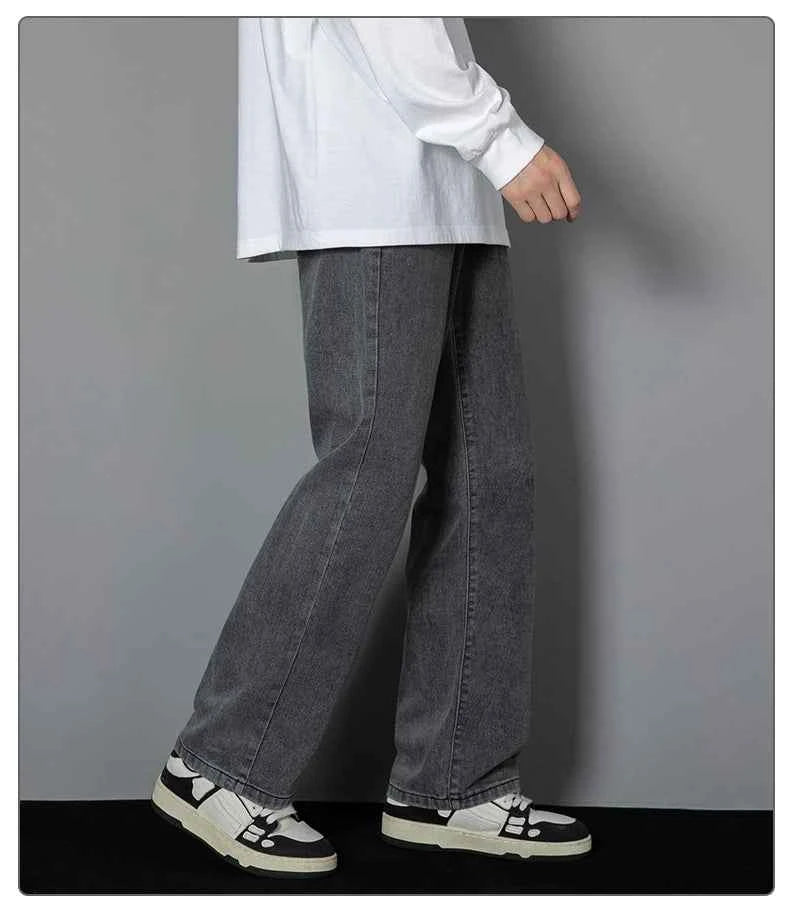 2026 New Korean Men's Casual Long Jeans Classic Man Straight Denim Wide-leg Pants Solid Color Light Blue Grey Black